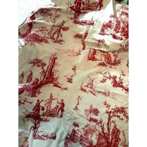 Laie assemblée d'une toile de Jouy  blanche  a divers beaux motifs rouges du XVIIIème siècle