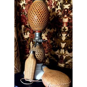 Ensemble de trois pièces verre et cannage Syphon Bret , gourde et flach gainés de cannages XIXè