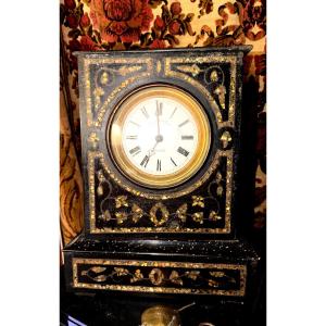 Large Niii Mantel Clock, Black Lacquered Wood Inlaid With Fragmented Multicolored Mother-of-pearl, Sig Coutou