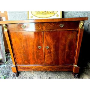 Elegant Egyptian Revival Style Sideboard, Cuban Mahogany, Inset Blue Turquin Marble, Caryatids & Claw Feet
