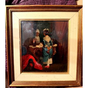 Oil On Copper: A Coquette Looks At Herself In Front Of A Baroque Console In The Reflection Of A Mirror