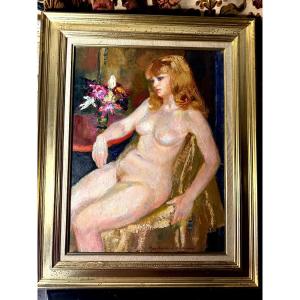 Portait De Mary Nue Assise Faisant La Pause Devant Un Vase Fleuri , By Berthommé Saint-andré