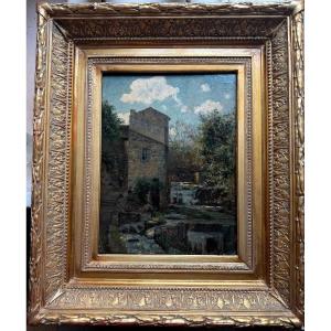 Le moulin au crépuscule H/panneau XIX ème encadrée de Eugène Decan Salon des artistes Français