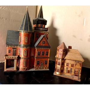  charmantes petits manoirs d'Europre centrale en marqueterie de paille aux vives couleurs 19ème