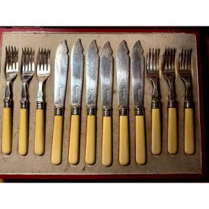 Boxed Set /6 +6 English Fish Cutlery Late 19th Century Ivory Handles And Silver Blades Hallmarked.