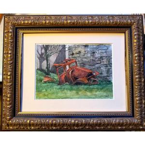 Originale belle Aquarelle  encadrée de O Ratyrolle des années "9O" : le vieux taco  abandonné 