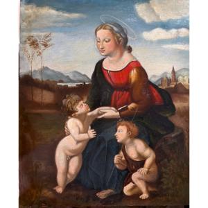 Décorative huile sur panneau , époque XIXème " Le Mariage de la Vierge" , par Raphael en 1504