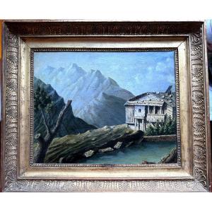 La retenue d'eau et le moulin dans la montagne , paysage Romantique H/t. encadrée début XIXème