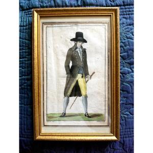 Very Fine Watercolor Engraving Of An Elegant Man In Dress And Hat, Cane In Hand, Late 18th Century.