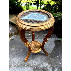 Precious Living-room Pot-holder Pedestal Table, D-finish Wood Tripod Legs, Agate Top And Braces