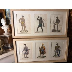 Paire d'encadrements de trois fines représentations  Guerriers Indigènes gravures réhaussés XIX