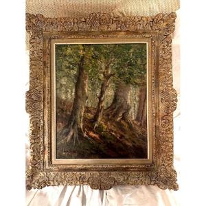 Huile sur toile bien encadrée , lisière de sous bois , signée Jacques Méchin de 1948 Bruxelles