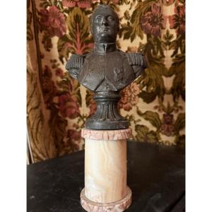 Beautiful, Expressive Patinated Cast-iron Bust Of General Bonaparte & 19th-century Onyx And Marble Column