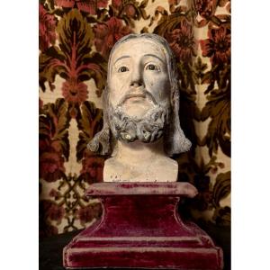A Large, Beautiful, 18th-century French Polychrome Carved Wooden Head Of Christ With Sulfur-colored Eyes