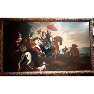 Noble Hunting Scene From The Early 18th Century Featuring A Goshawk; Oil On Canvas, Mounted On A Stretcher And Framed In A Gilded Bérain Frame
