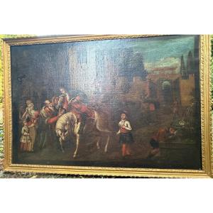 Large 17th-century Painting, "the Young King Welcomed By The Village Elder Before The People"