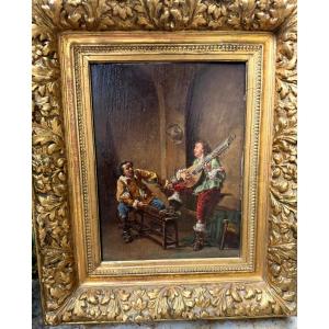  Huile/bois enc;Tableau Historique "Une Chanson" de Meissonier de A Rueff 2ème partie du XIXème