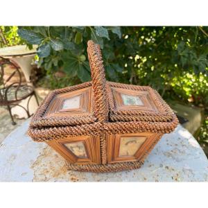 Rare And Beautiful Harvest Basket, Featuring Elegant And Delicate Wickerwork With Images Preserved Under Glass, 19th Century