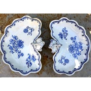 A Beautiful Pair Of Ravier Dishes Made Of Longwy Faience From The "chinois" Collection, With White Glaze And Blue Motifs, 19th Century
