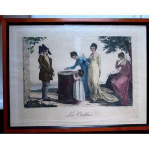 Charmante gravure aquateinte du début XIXème encadrée "Jeu des Oubliés "ou une aiguille désigne