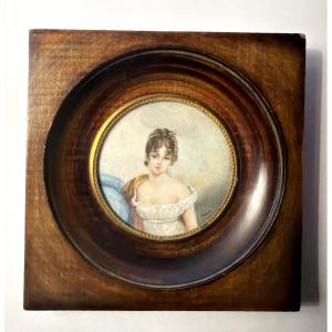 A Charming 19th-century Framed Portrait Featuring A Miniature On Ivory Of The Young Joséphine De Beauharnais