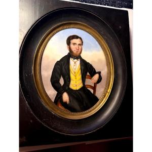 A Miniature Portrait On Porcelain Of A Prominent Figure From The Reign Of Louis Philippe, Seated In An Oval Frame