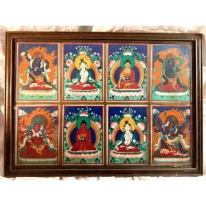 Framed Panel Depicting 8 Different Figures From Buddhism, Painted In Colorful Gouache, 18th Century