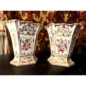 Pair Of Flared, Faceted, And Scalloped Vases With Floral Decoration, Made Of Paris Porcelain, "charles X"