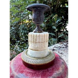 Low Desk Candlestick In Bronze And Carved Marble, Charles X Style, With A Truncated Column, Early 19th Century