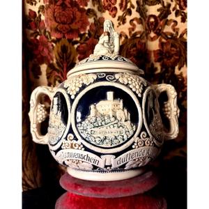 Large German Baroque-style Punch Or Mulled Wine Bowl In The Romantic Style, Featuring A Citadel Motif