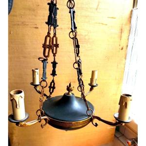 Elegant Four-light Chandelier, Patinated Bronze Suspension Fixture, Gilded In The First Empire Neoclassical Style