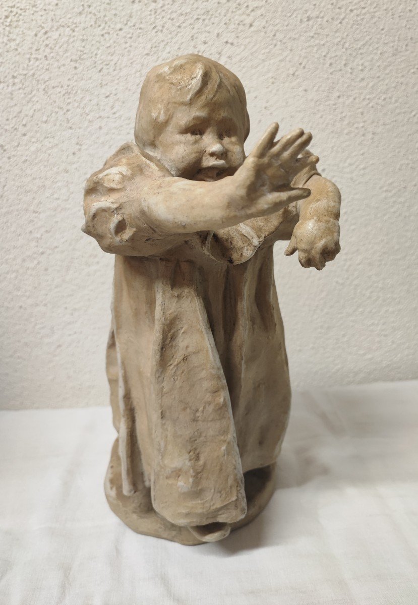 Victor Prouvé - Sandstone Statuette Representing A Child Taking His First Steps-photo-2