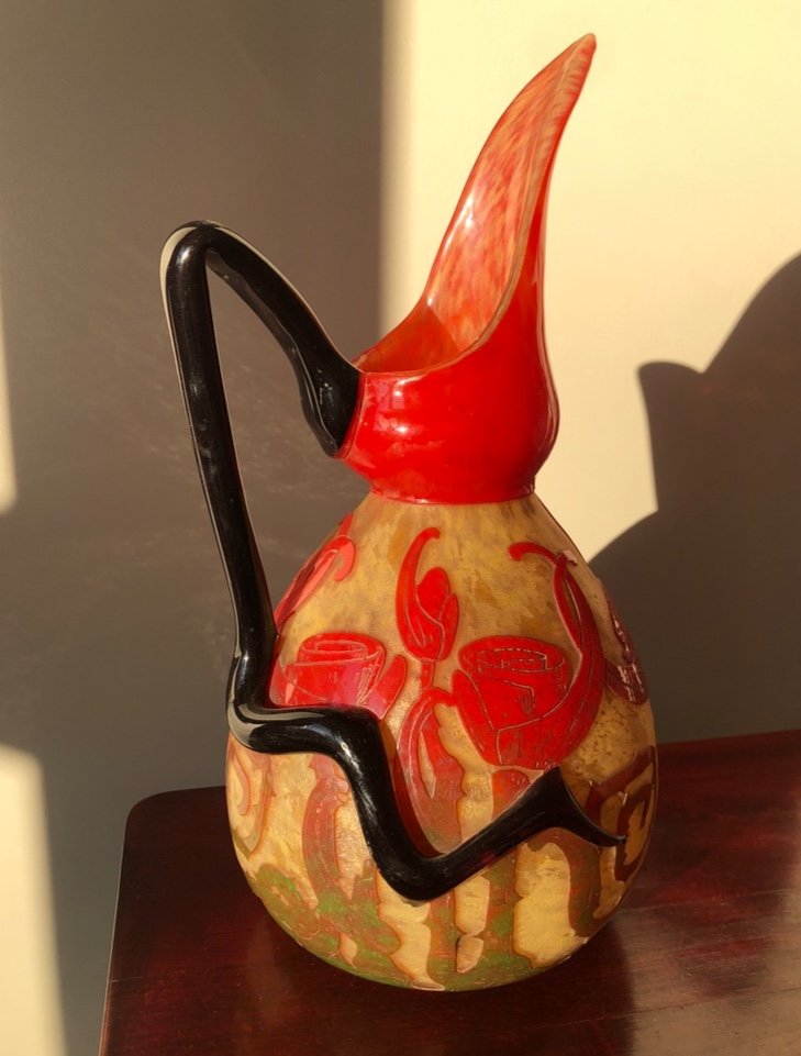 “le Verre Français” Jug With Acid-etched Decoration Of Stylized Roses