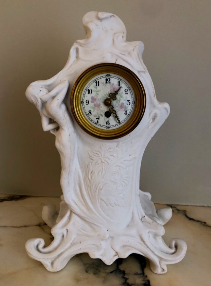 Beautiful Biscuit Clock From The Art Nouveau Period With Floral Decoration 
