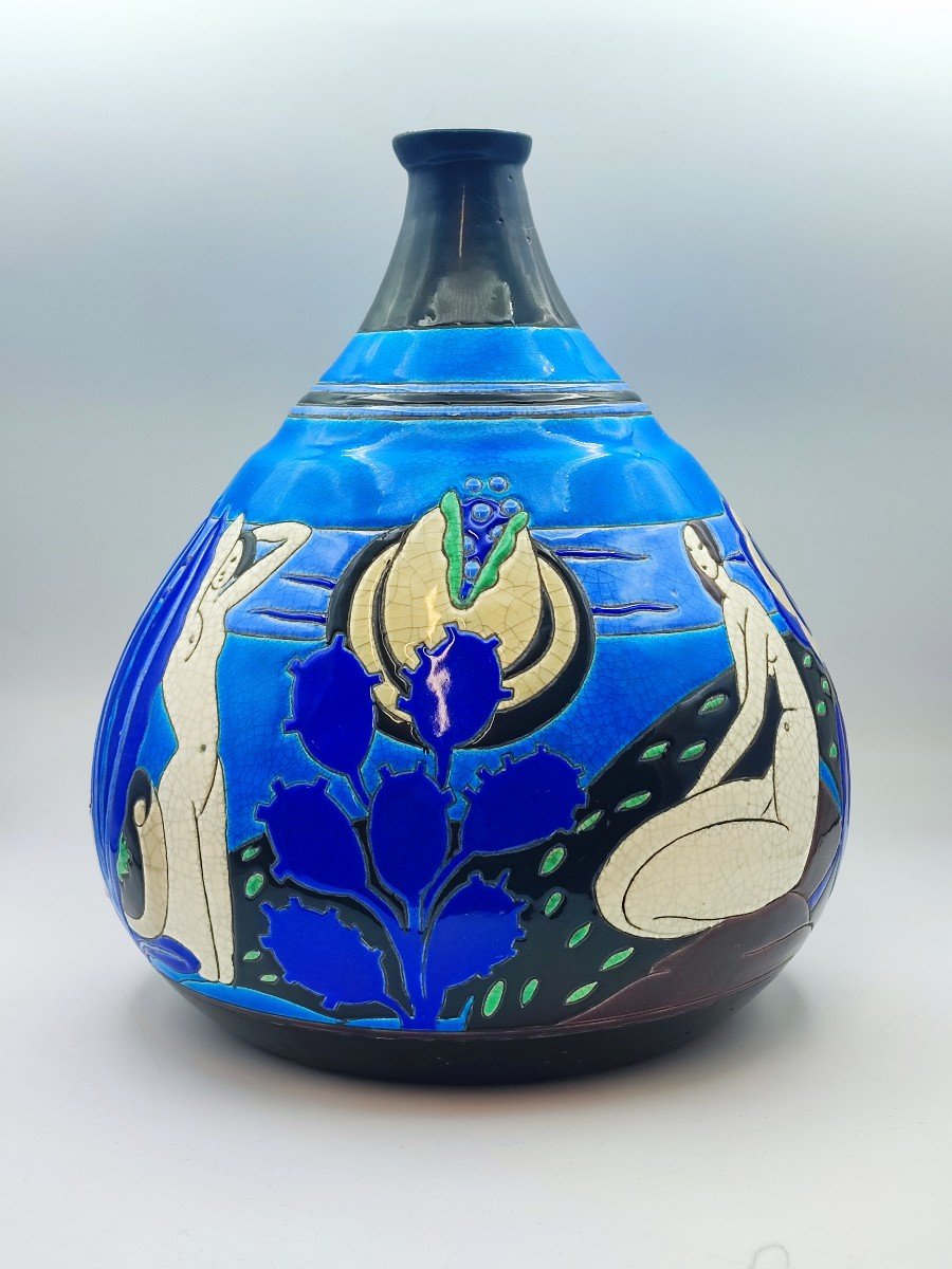 Longwy Primavera Art Deco Polychrome Ceramic Vase "the Bathers"-photo-2
