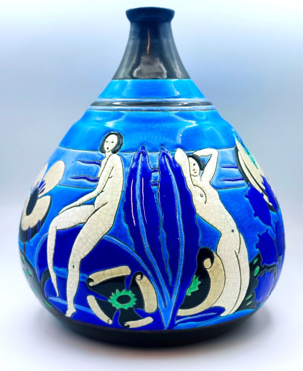 Longwy Primavera Art Deco Polychrome Ceramic Vase "the Bathers"