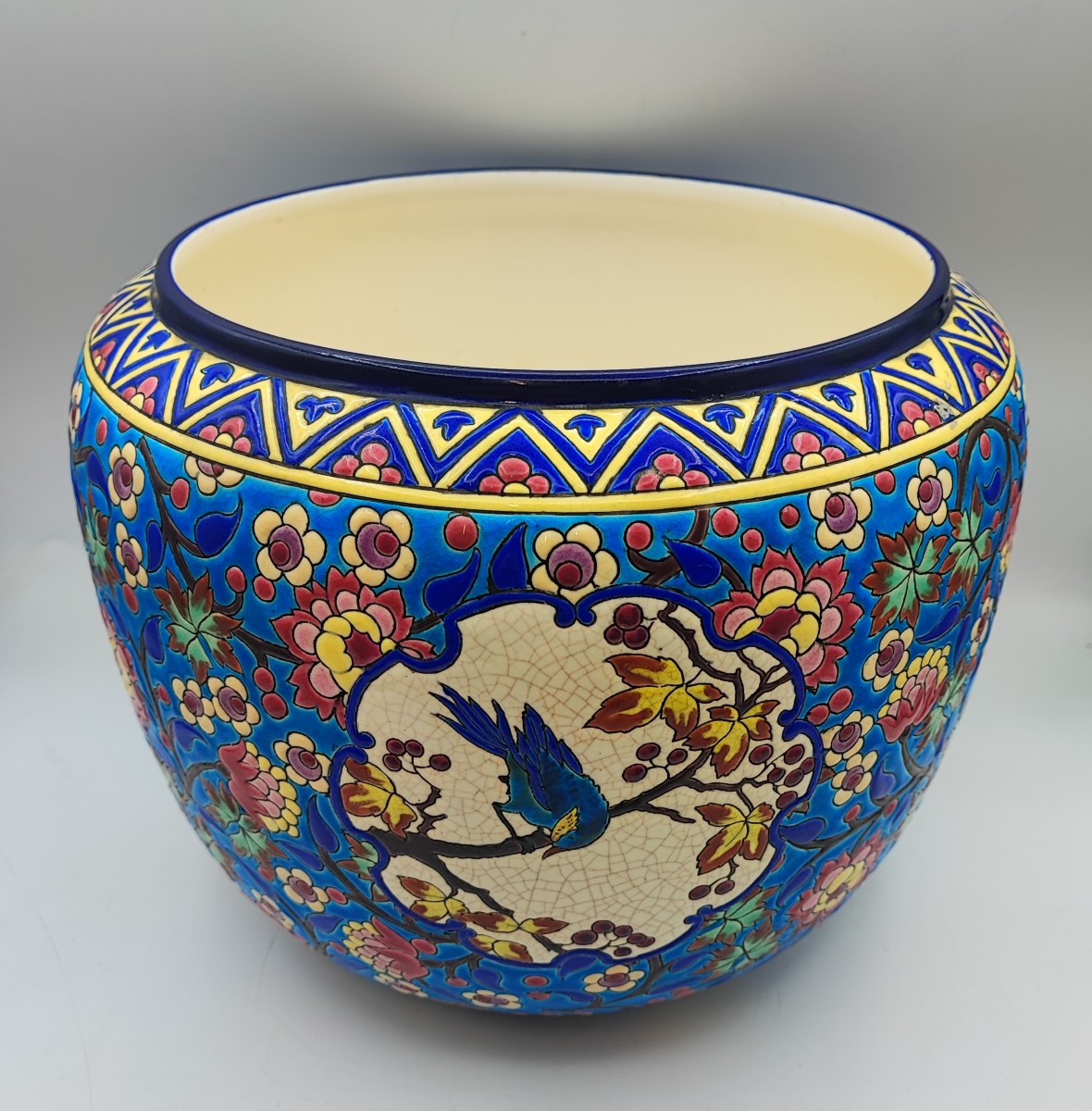 Important Longwy Earthenware Cachepot With Floral And Bird Decoration -photo-2