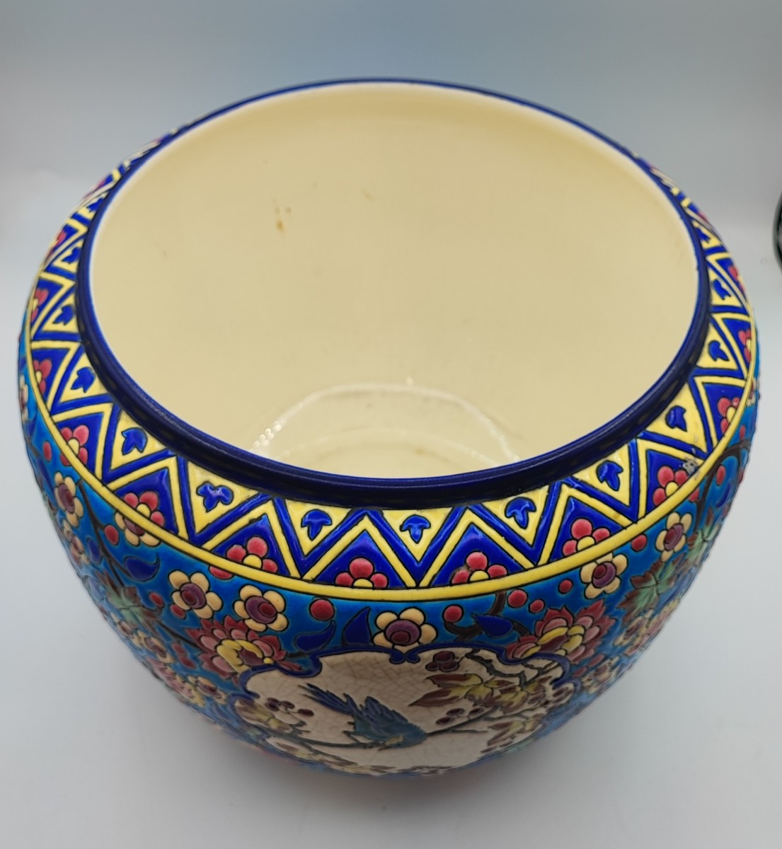 Important Longwy Earthenware Cachepot With Floral And Bird Decoration -photo-3