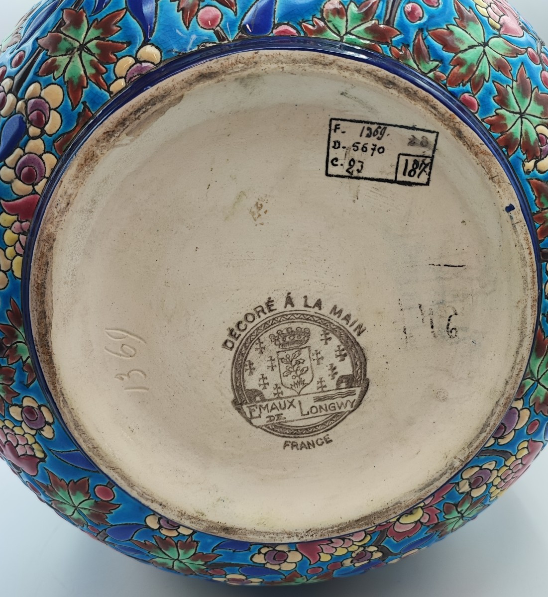 Important Longwy Earthenware Cachepot With Floral And Bird Decoration -photo-1