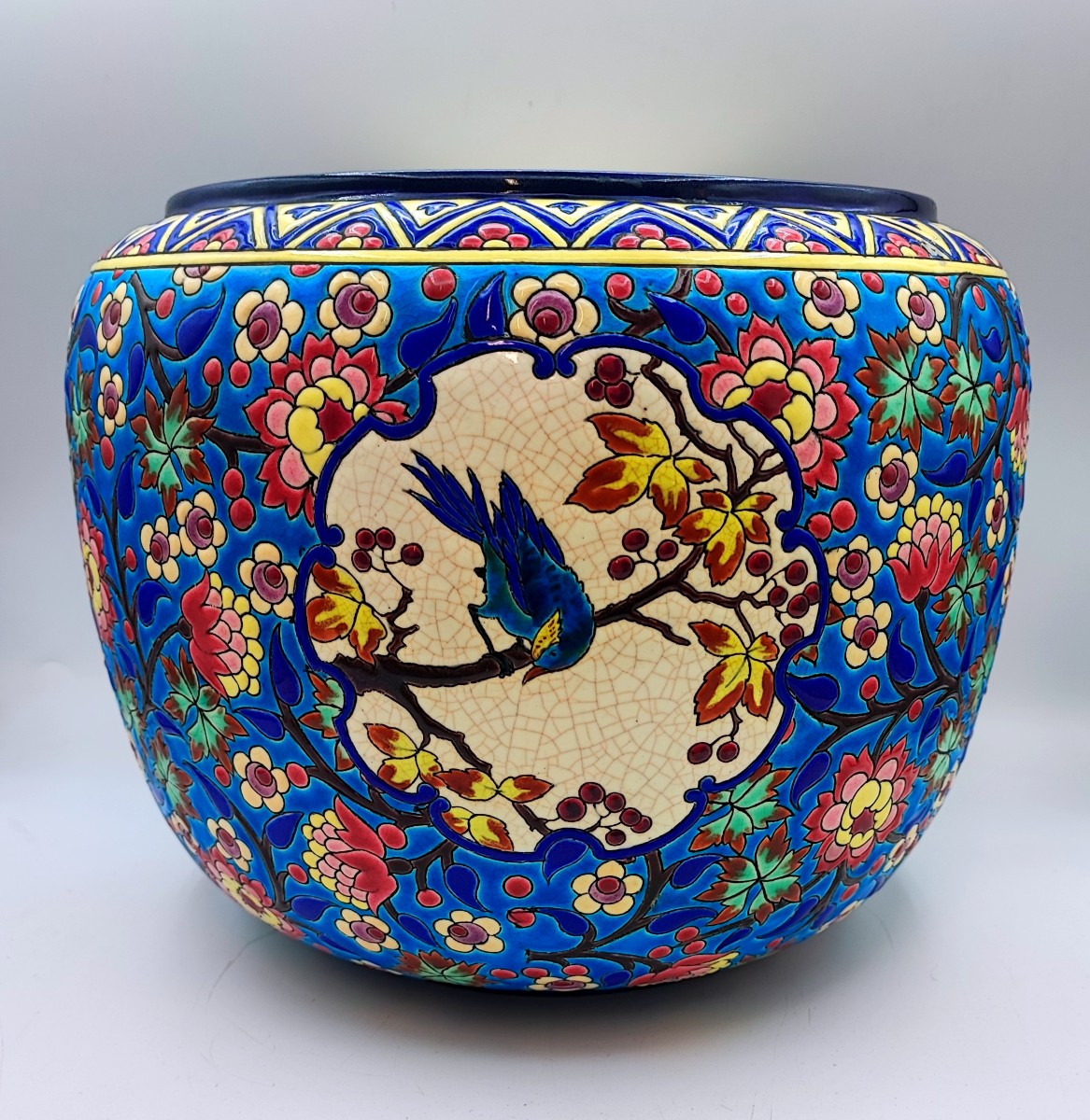 Important Longwy Earthenware Cachepot With Floral And Bird Decoration 