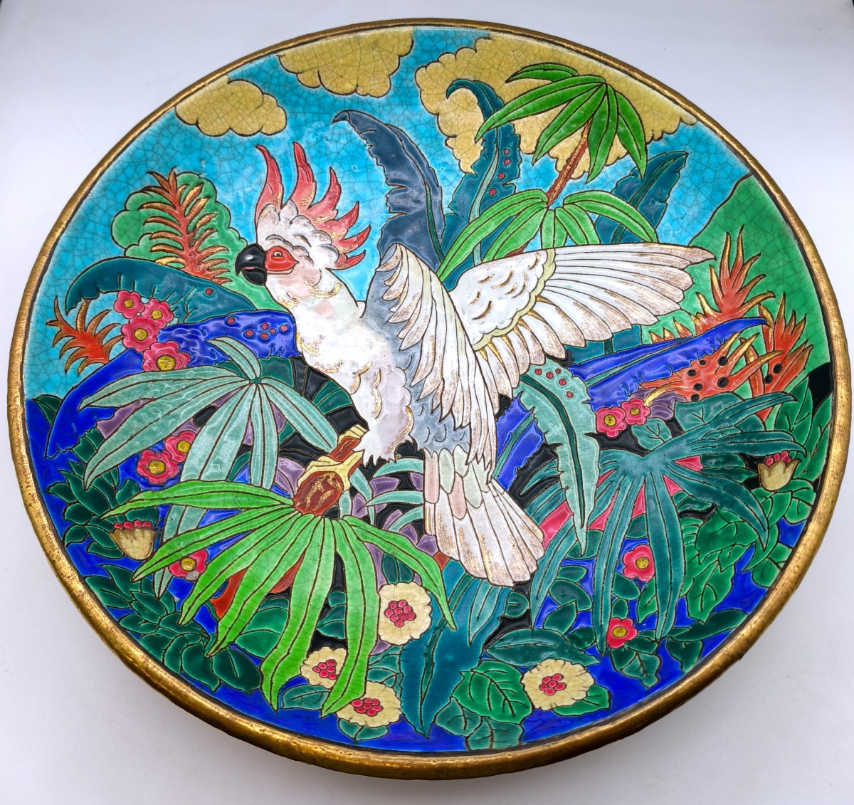 Manufacture Des Emaux De Longwy - Large Dish With Parrot Design