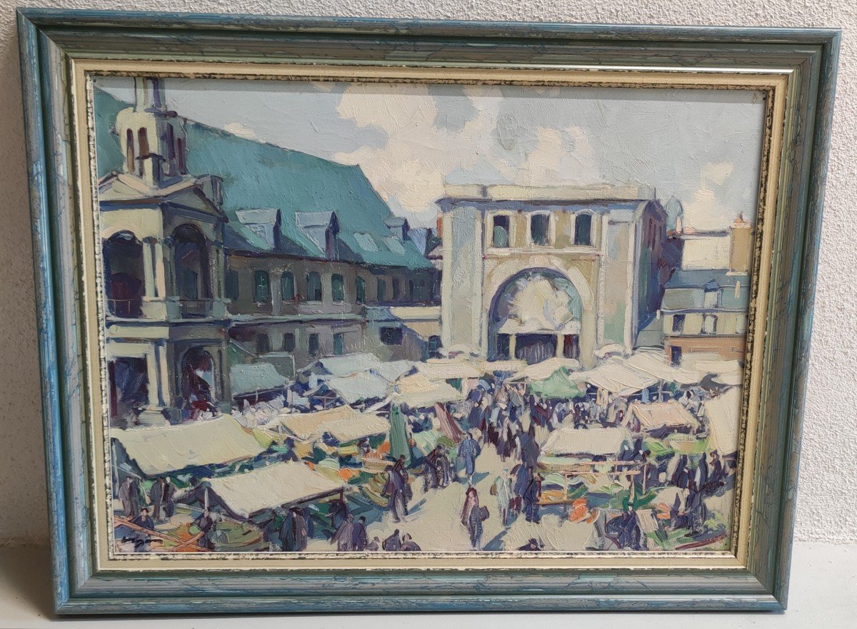 Louis Jacques Vigon - Hst Le Marché A La Halle Aux Toiles De Rouen-photo-2