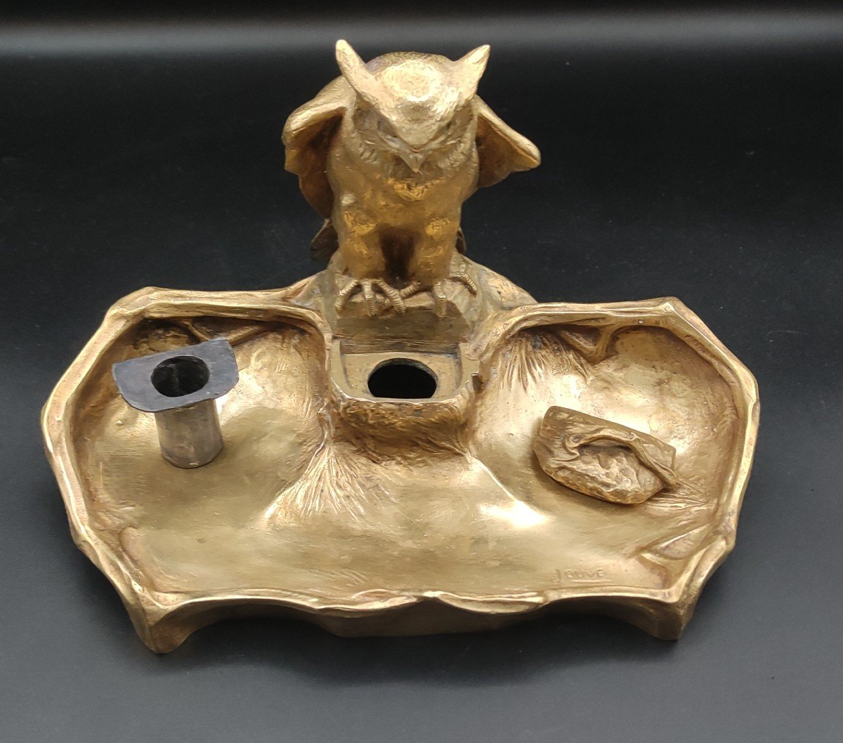 Paul Jouve - Rare Owl Inkwell In Gilt Bronze-photo-4