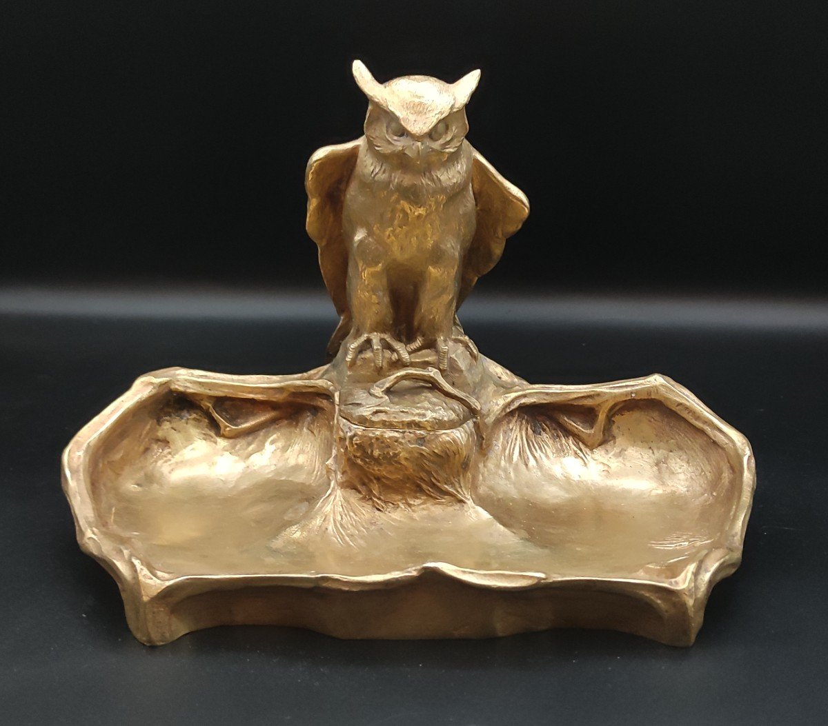 Paul Jouve - Rare Owl Inkwell In Gilt Bronze