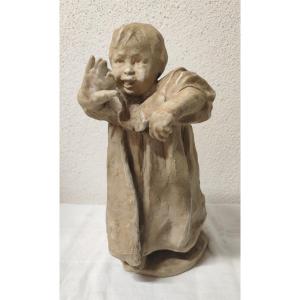 Victor Prouvé - Sandstone Statuette Representing A Child Taking His First Steps