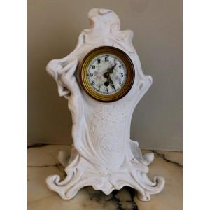 Beautiful Biscuit Clock From The Art Nouveau Period With Floral Decoration 