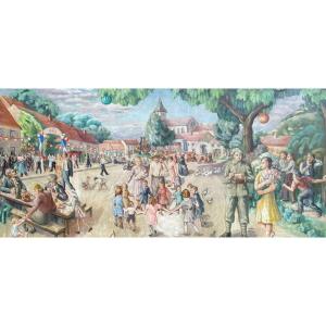 Large And Imposing Hst Painting Representing A Festive Village Scene