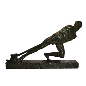 The Faguays - Large Art Deco Bronze Depicting A Man Pulling A Rope
