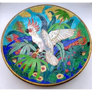 Manufacture Des Emaux De Longwy - Large Dish With Parrot Design