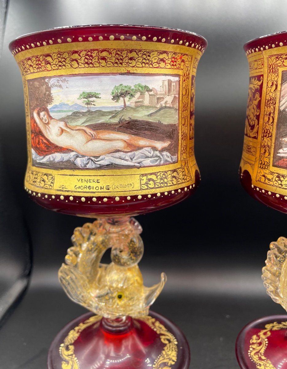 Pair Of Glasses Painted With Famous Paintings Venice 20th Century-photo-3